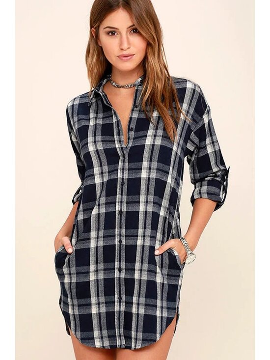 Lulus Dresses & Skirts - Lulus Sz S Navy Blue Plaid Shirt flannel Midi Dress with pockets Button down